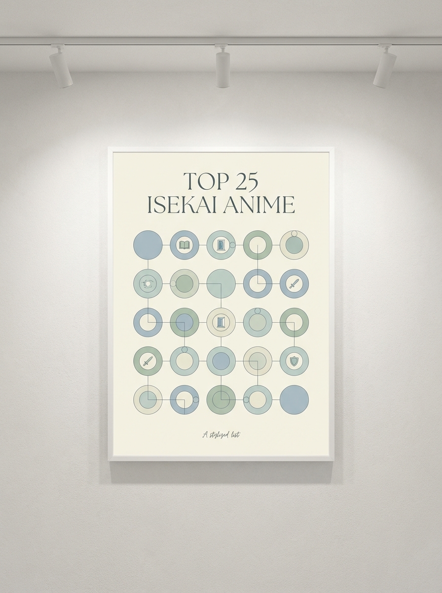 A cinematic collage of famous isekai protagonists looking toward a glowing horizon, styled with a warm sunset overlay.