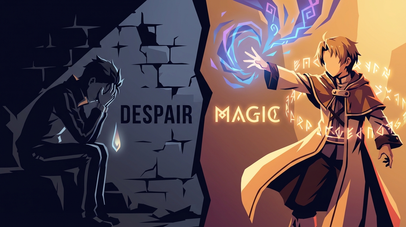 A split composition showing Subaru from Re:Zero in a moment of despair on the left, and Rudeus from Mushoku Tensei casting magic on the right, high contrast dramatic lighting