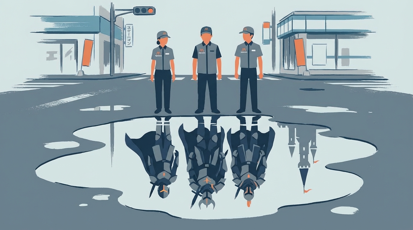 A scene depicting The Devil is a Part-Timer characters in fast food uniforms standing in a modern Tokyo street, contrasted with their fantasy armor reflections in a puddle