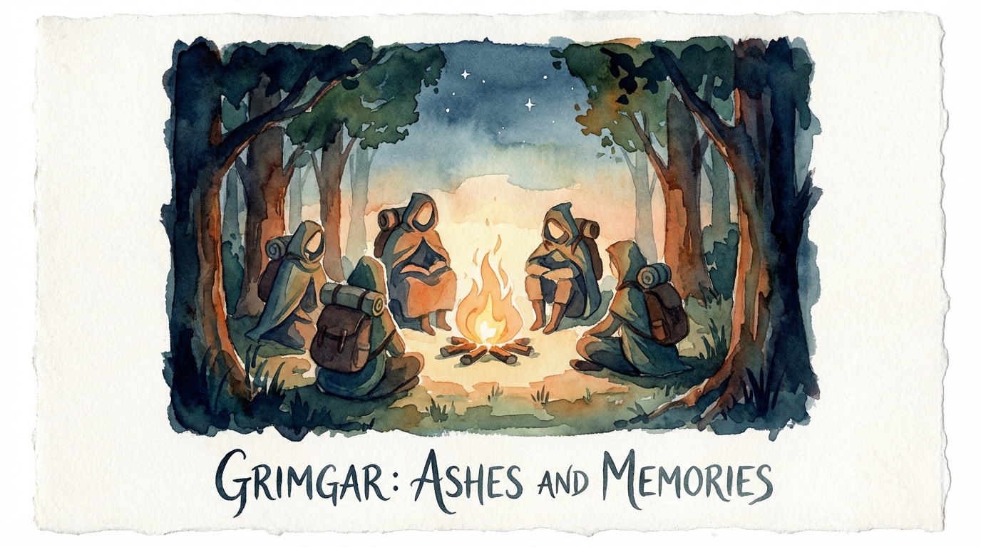 An artistic watercolor style illustration of the party from Grimgar sitting around a campfire in a forest at dusk