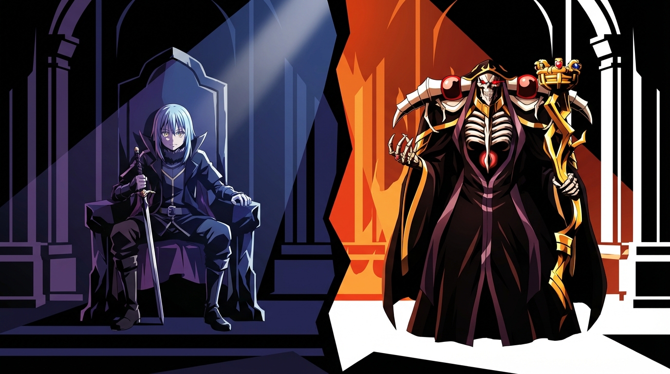 A split composition showing Rimuru Tempest in demon lord form sitting on a throne on the left, and Ainz Ooal Gown holding the Staff of Ainz Ooal Gown with glowing red eyes on the right. High contrast, dramatic lighting.
