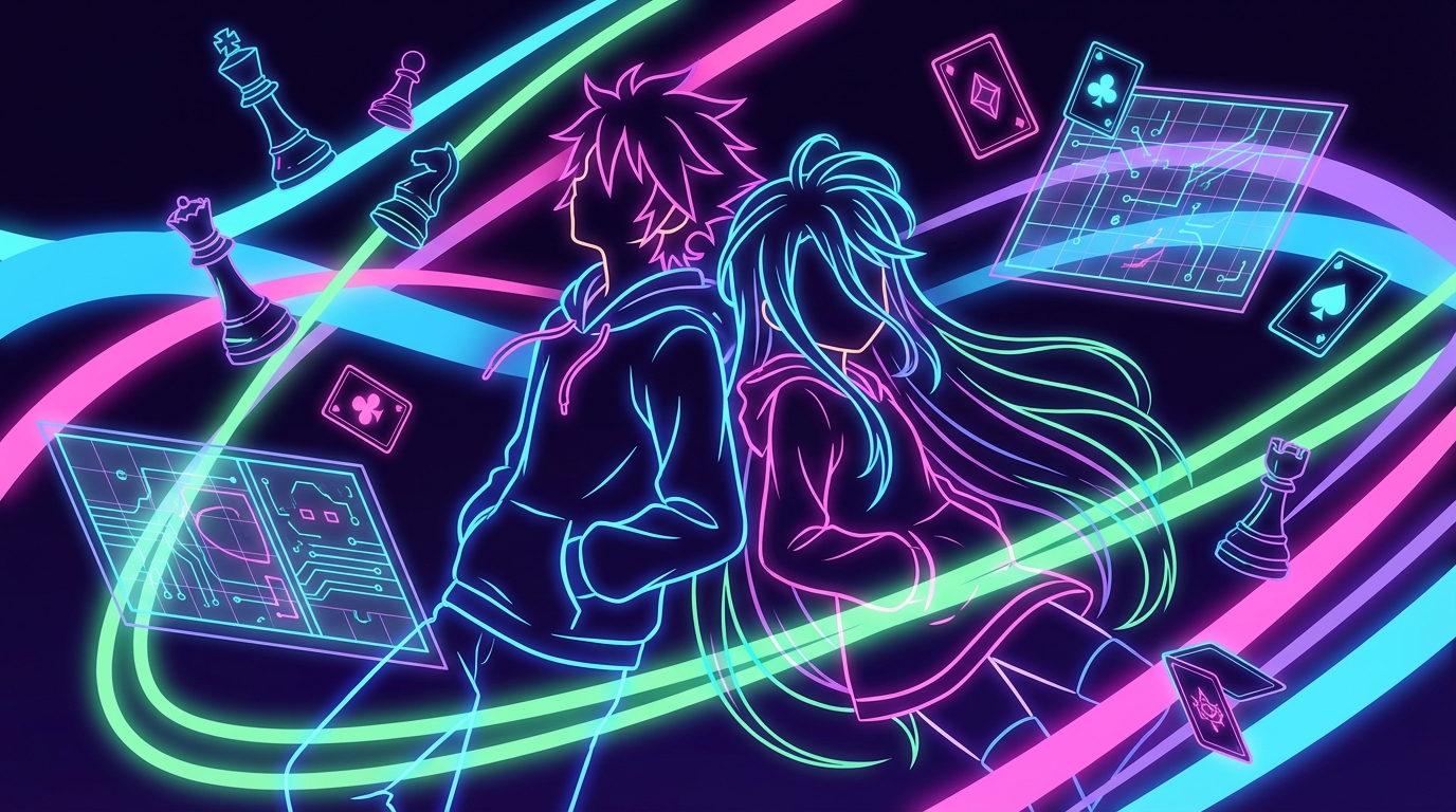 Sora and Shiro from No Game No Life leaning back to back, surrounded by floating chess pieces, playing cards, and glowing magical game boards. Vibrant neon color palette.