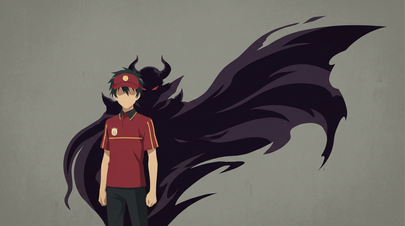 Sadao Maou from The Devil is a Part-Timer in his MgRonalds uniform, but casting a dark magical shadow behind him that hints at his true Demon Lord form.