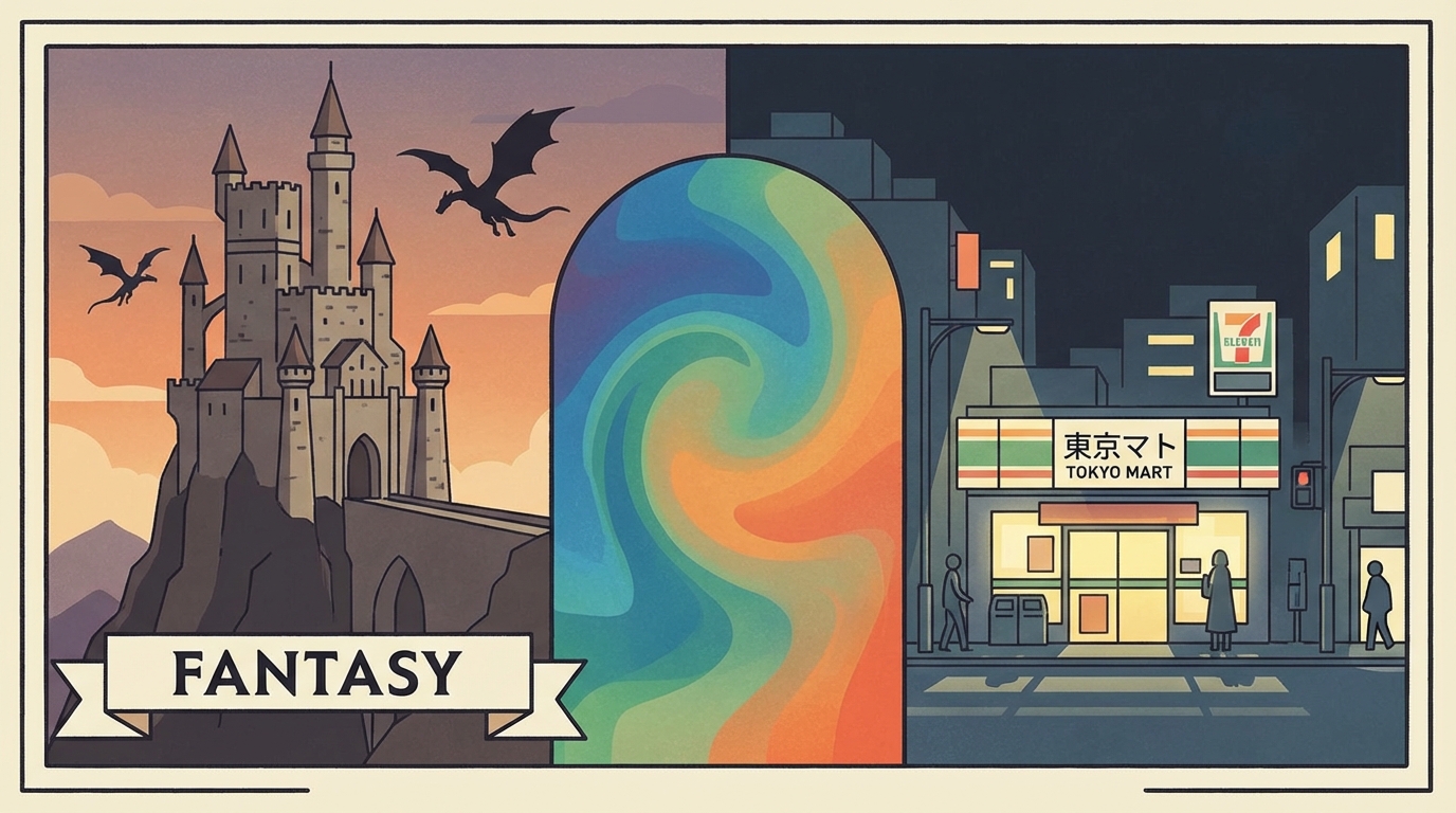 A split-screen composition illustration. On the left, a majestic fantasy castle with dragons flying. On the right, a detailed, realistic drawing of a Tokyo convenience store at night. The colors blend in the middle representing the portal.