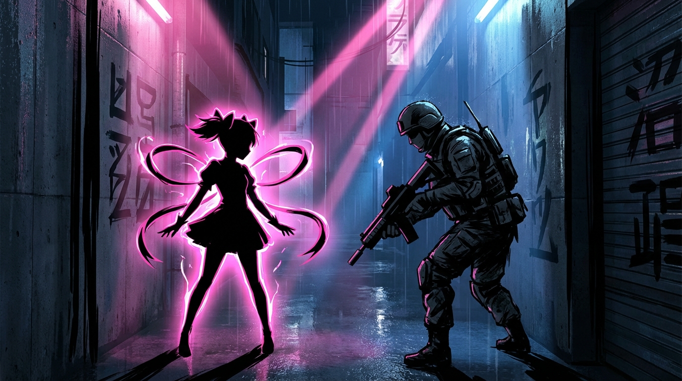 An intense scene depicting a magical girl glowing with pink energy facing off against a gritty, heavily armed military soldier in a modern Japanese alleyway. High contrast, dramatic lighting.