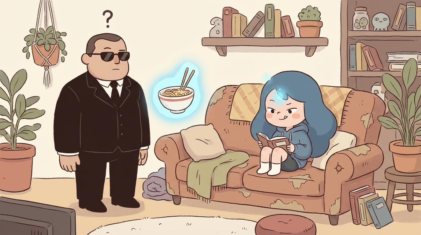 A cozy, slice-of-life style illustration showing a Yakuza member in a suit looking confused at a floating bowl of ramen, while a young girl with blue hair sits nonchalantly on the couch controlling it with her mind.