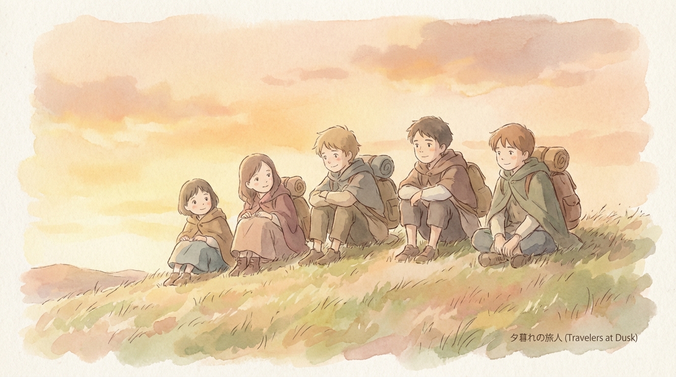 A soft, watercolor-style anime screenshot showing a group of weary young adventurers sitting on a grassy hill at sunset, looking melancholic yet hopeful. The art style should look like a painting come to life.