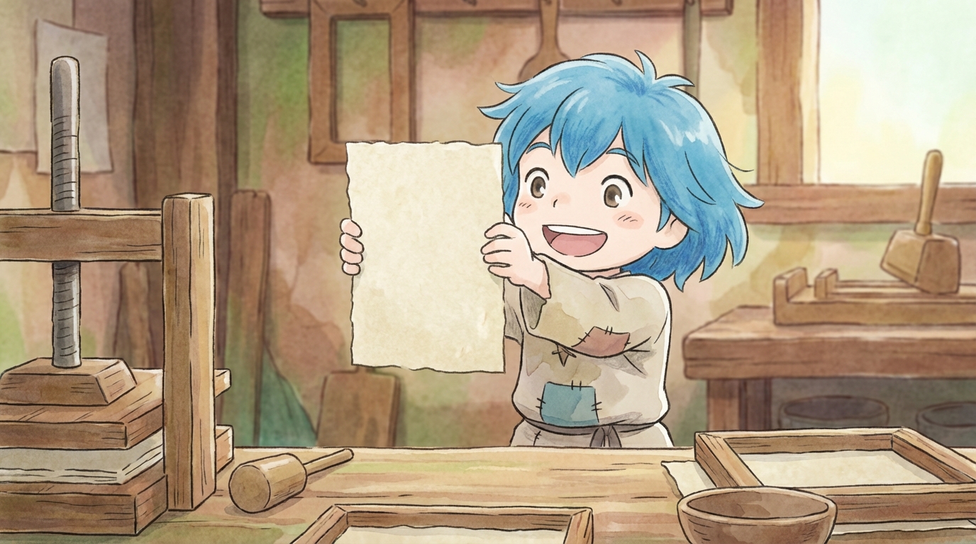 A bright and detailed anime scene of a small, blue-haired girl (Myne) enthusiastically holding a handmade sheet of paper in a medieval workshop setting, surrounded by wooden tools.