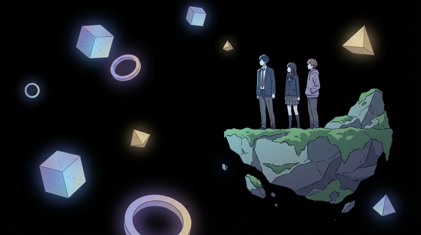 A surreal, abstract anime landscape with a pitch-black void background, featuring floating geometric shapes and a few high school students standing on a drifting island, looking out into the nothingness.