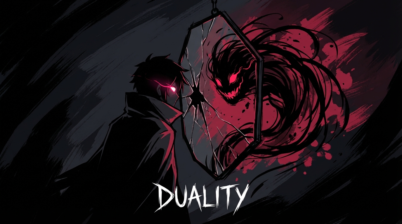 A high-contrast digital painting depicting a protagonist looking into a shattered mirror, with a monstrous, shadowy reflection staring back, symbolizing psychological duality. Style: Dark, gritty anime art style with deep blacks and vibrant crimsons.