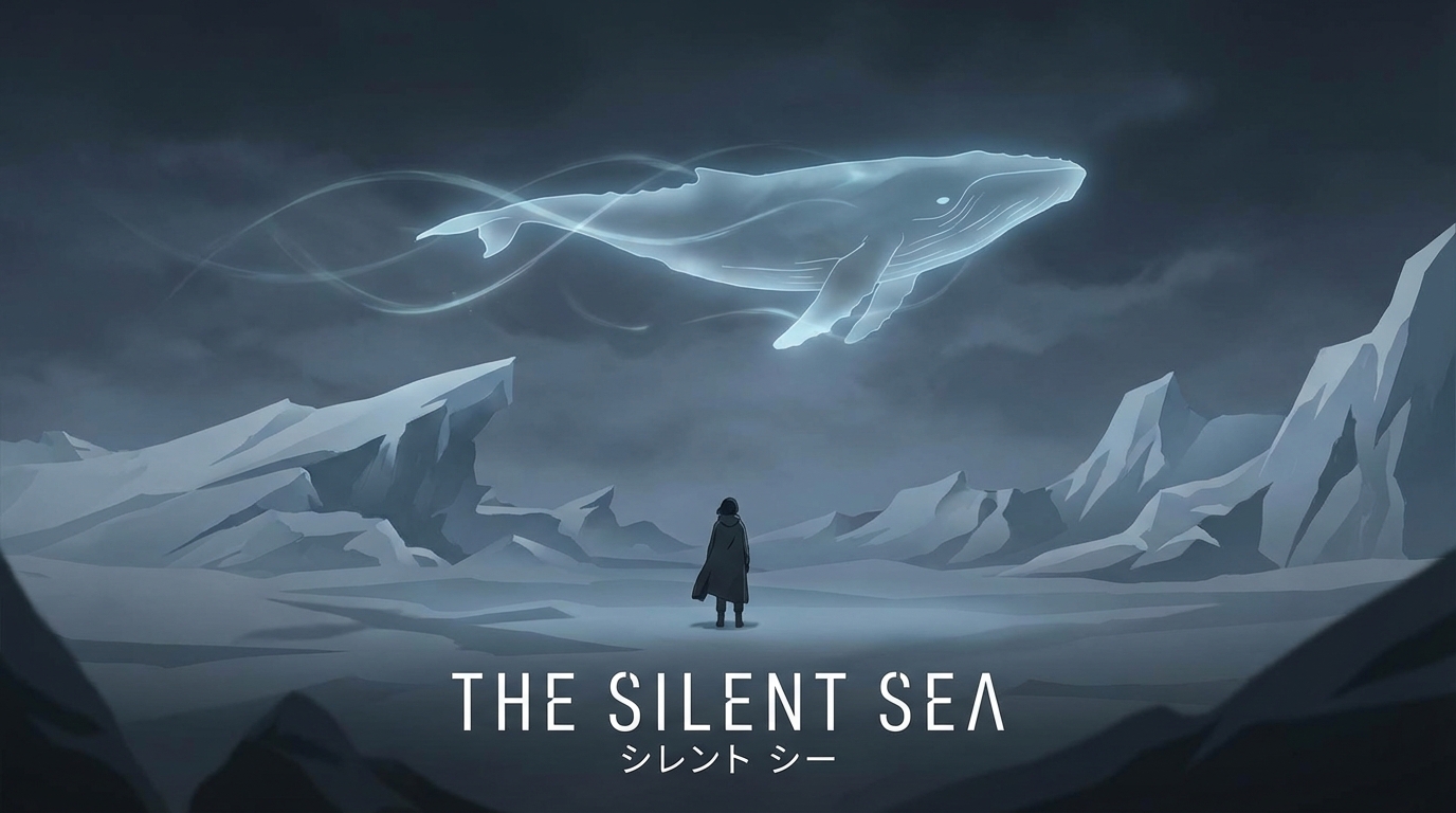 A dramatic scene showing a character standing in a frozen, desolate wasteland with a massive, ghostly whale swimming in the sky above. The lighting is cold and eerie, evoking a sense of hopelessness. Style: Cinematic anime screenshot aesthetic.