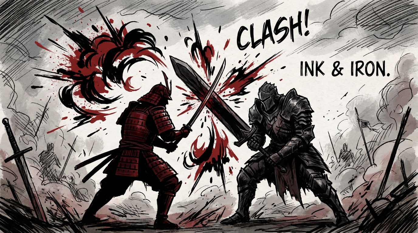 A chaotic battlefield scene featuring a samurai in red armor clashing swords with a dark fantasy knight. Splashes of ink-like black and red stylized effects surround the impact. Style: Rough, sketchy, high-energy manga adaptation style.